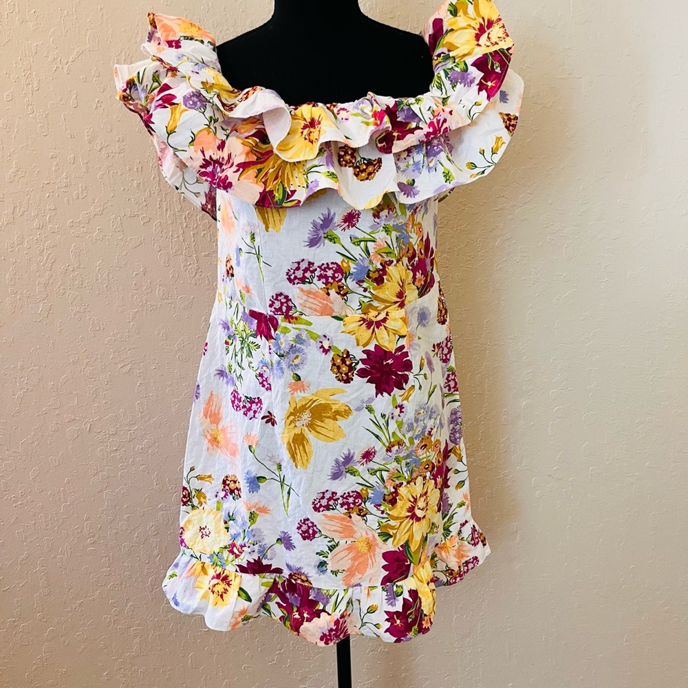 H&M White Off-Shoulder Floral Dress with‎ Yellow & Pink Accents